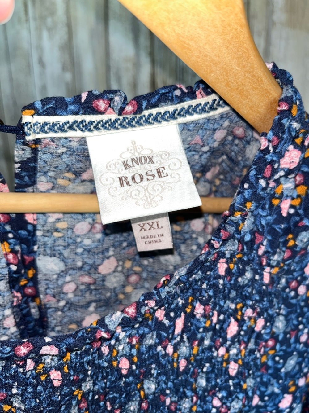 Knox Rose Floral Smocked Blouse XXL Boho Peasant Top Navy Flowy - Picture 5 of 5